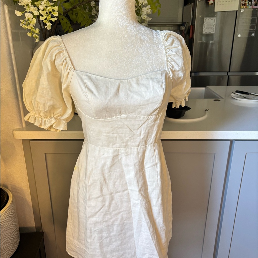 Puff Sleeve Square Neck White Linen Dress